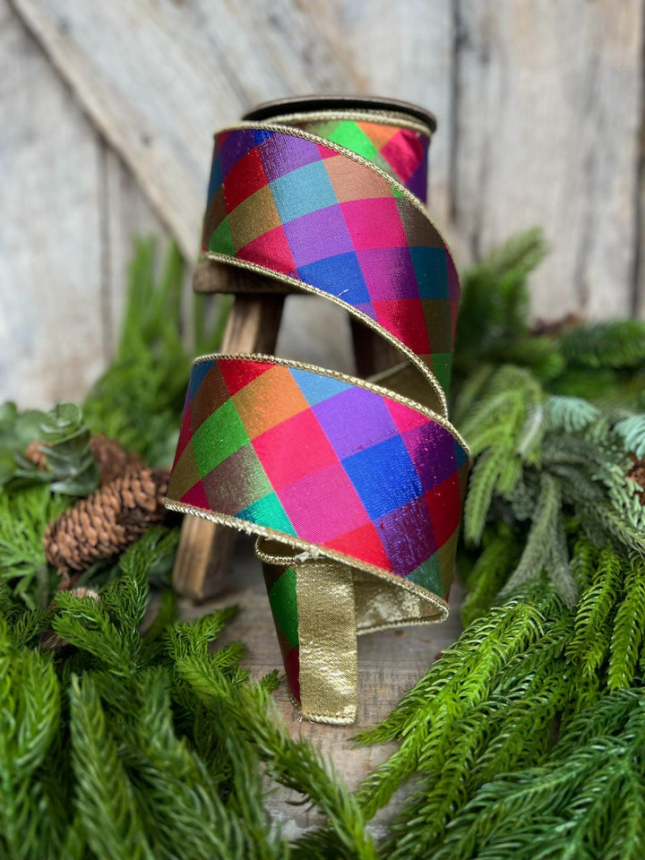 2.5" Color Checks Christmas RIbbon, Colorful Ribbon, Designer Ribbon