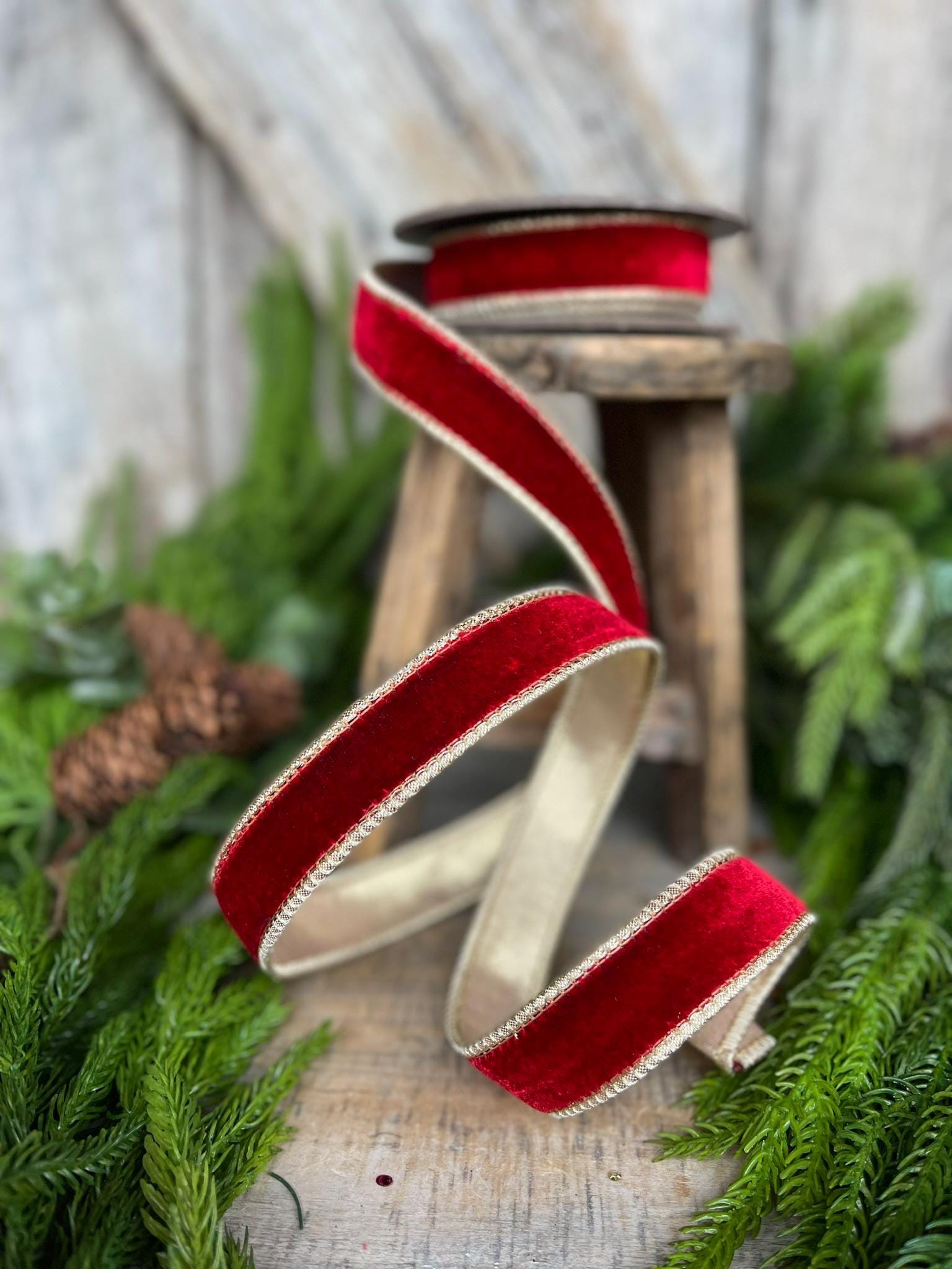 1" Red Plush Velvet RIbbon, Wired Ribbon, Red Velvet Ribbon