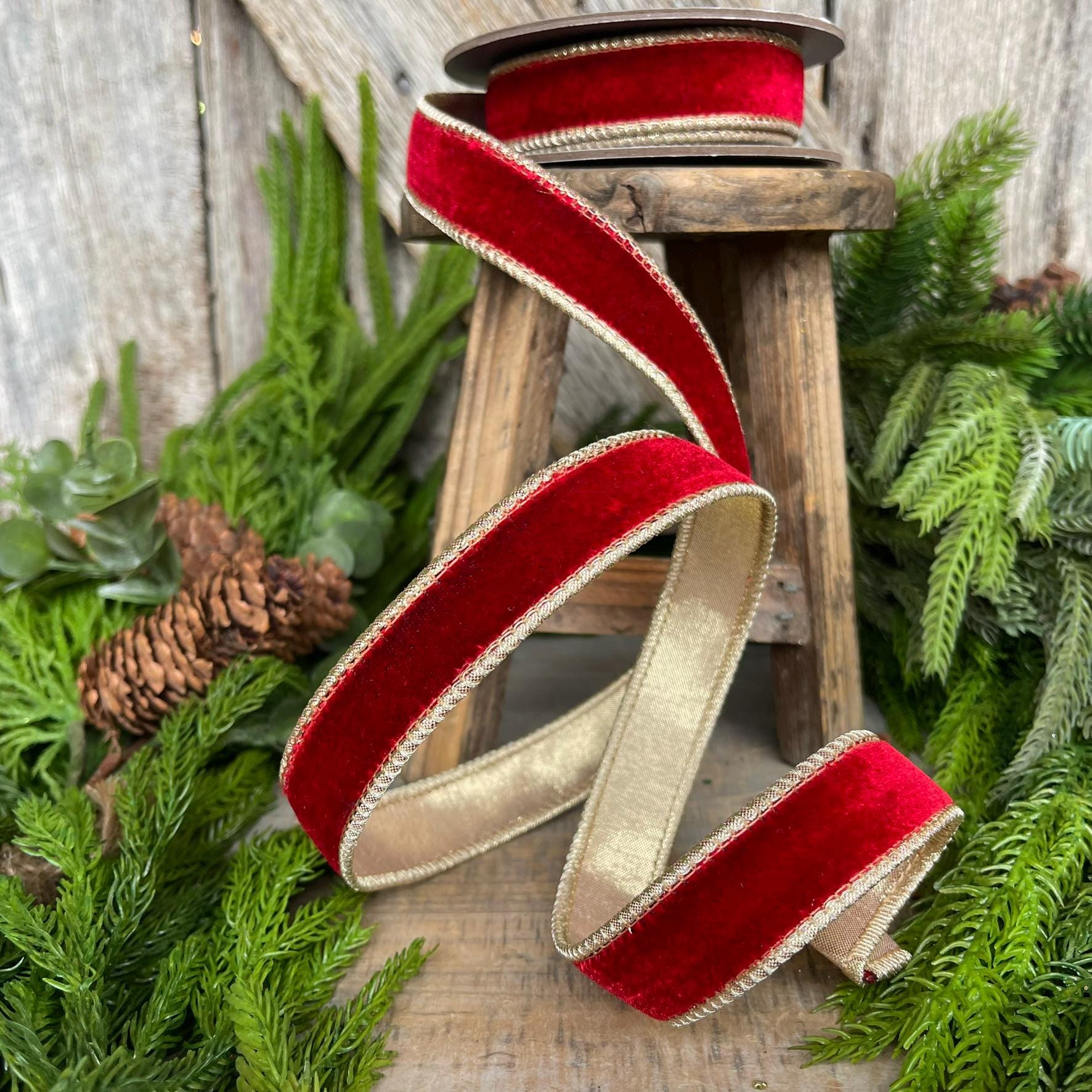 1" Red Plush Velvet RIbbon, Wired Ribbon, Red Velvet Ribbon