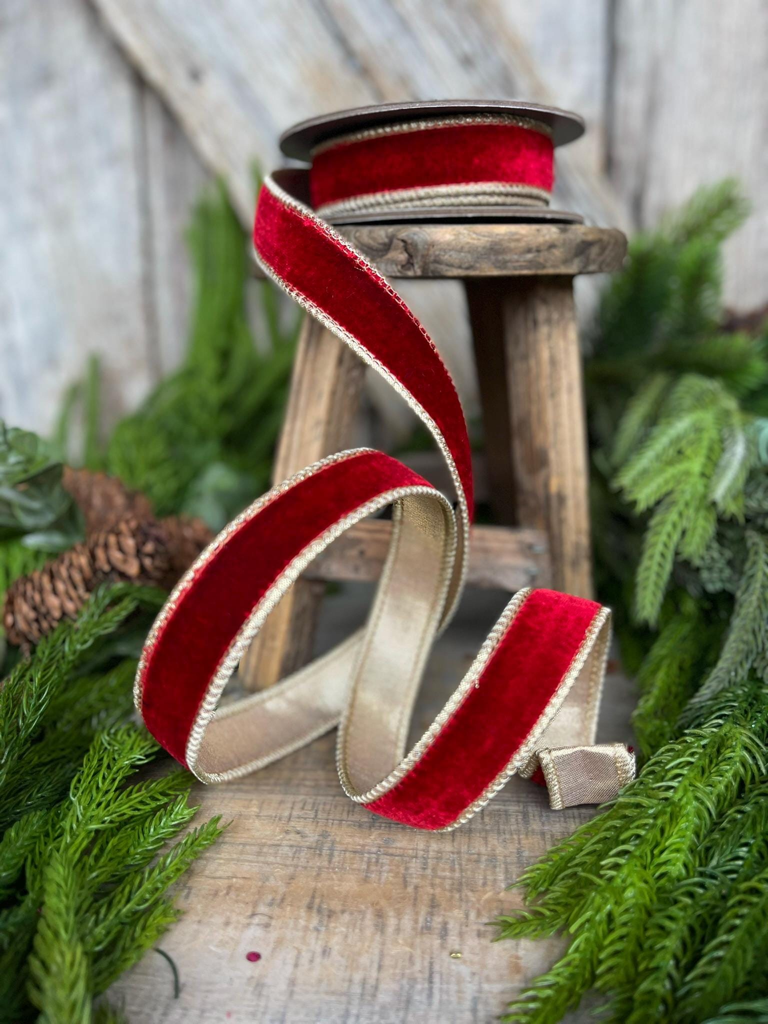 1" Red Plush Velvet RIbbon, Wired Ribbon, Red Velvet Ribbon