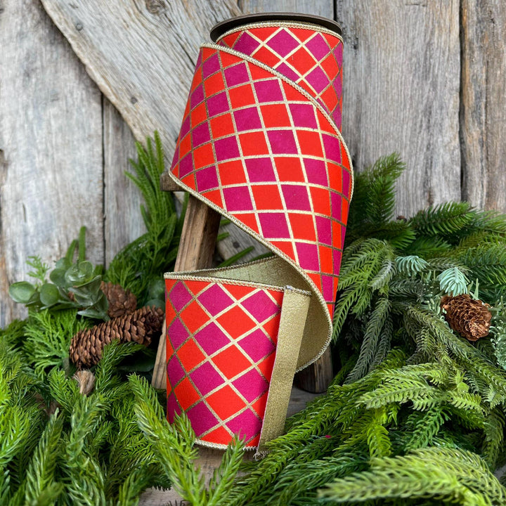 4" Orange Fuchsia Harlequin Ribbon, Diamond Ribbon, Orange Hot Pink Ribbon