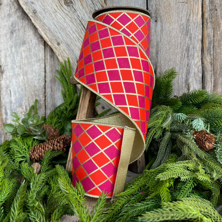 4" Orange Fuchsia Harlequin Ribbon, Diamond Ribbon, Orange Hot Pink Ribbon