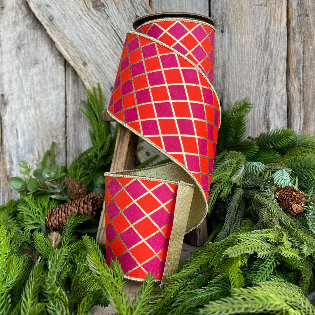 4" Orange Fuchsia Harlequin Ribbon, Diamond Ribbon, Orange Hot Pink Ribbon
