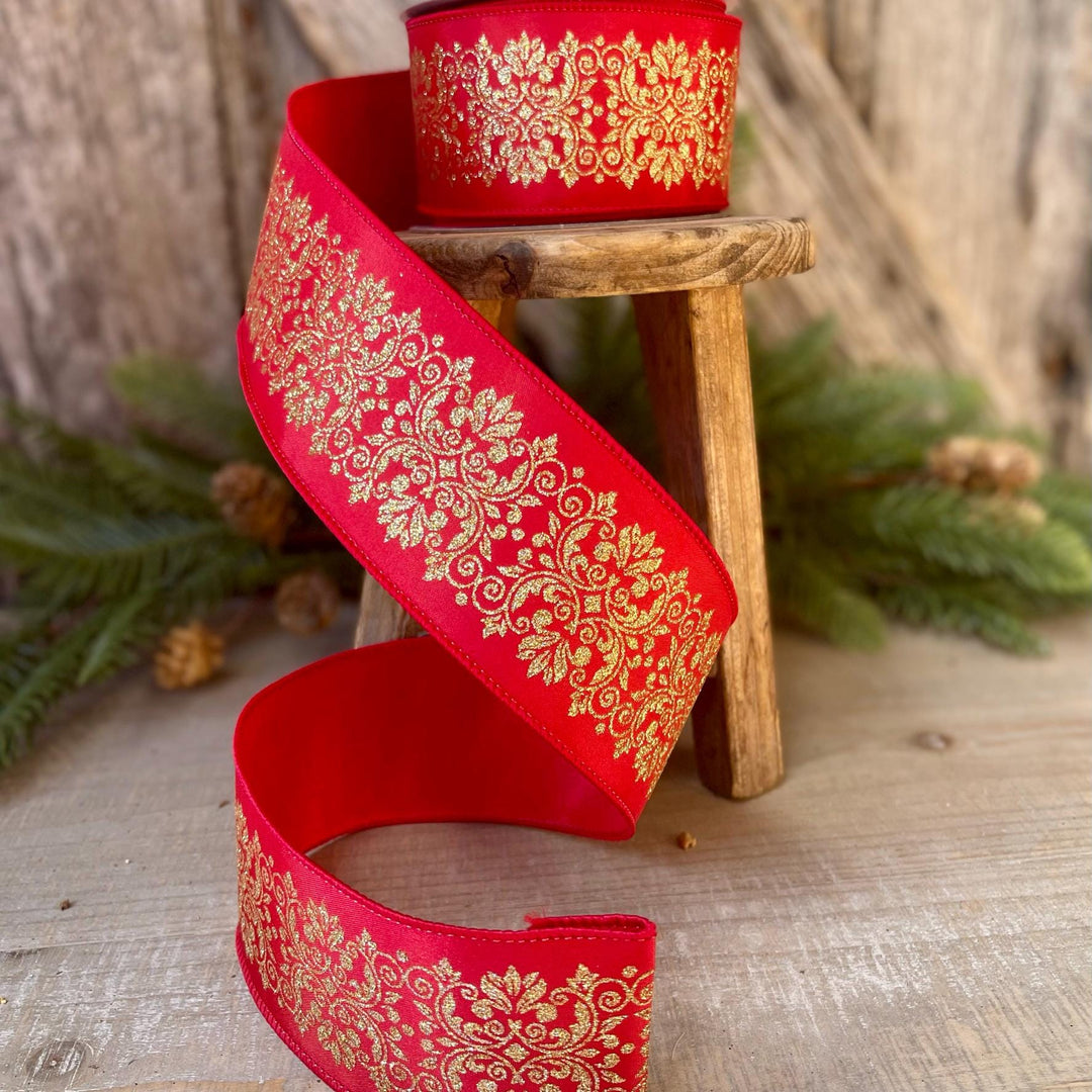 2.5" Farrisilk Red and Gold Kingston Manor Wired Ribbon, Red Gold Christmas Ribbon, Ribbon for Christmas Tree