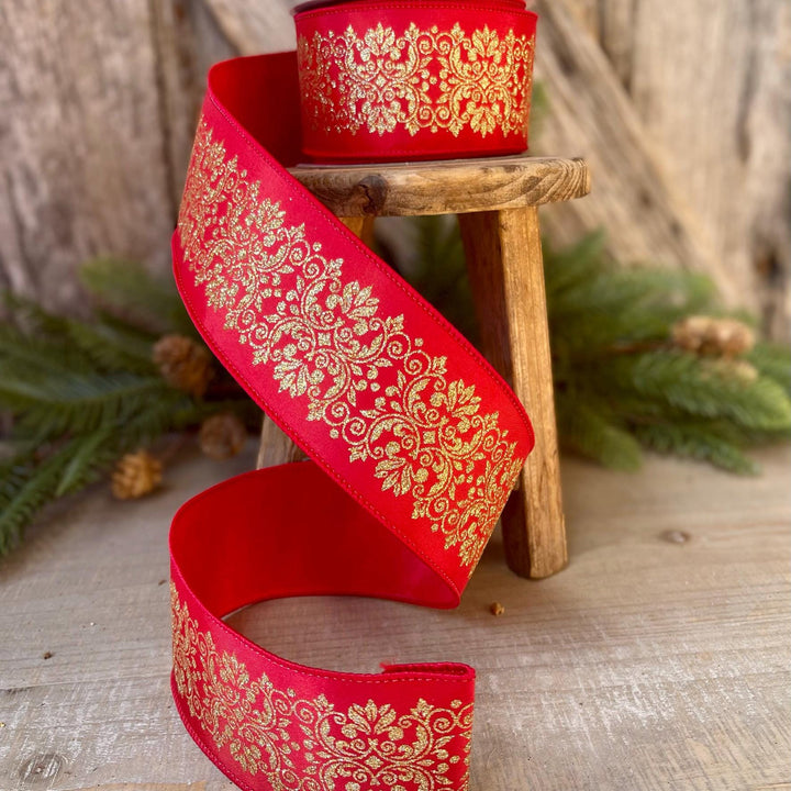 2.5" Farrisilk Red and Gold Kingston Manor Wired Ribbon, Red Gold Christmas Ribbon, Ribbon for Christmas Tree