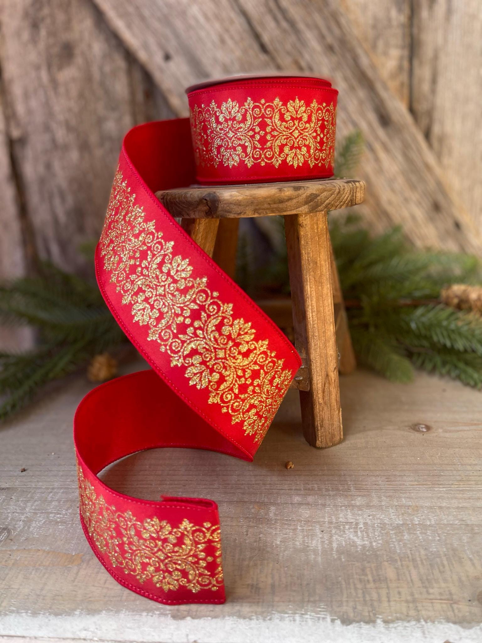 2.5" Farrisilk Red and Gold Kingston Manor Wired Ribbon, Red Gold Christmas Ribbon