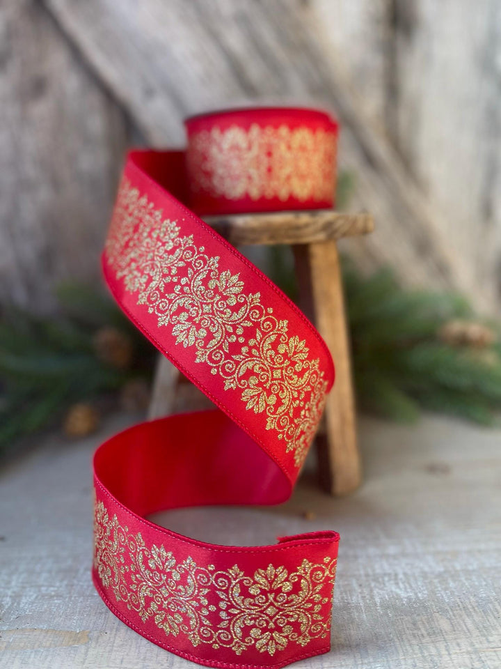 2.5" Farrisilk Red and Gold Kingston Manor Wired Ribbon, Red Gold Christmas Ribbon, Ribbon for Christmas Tree