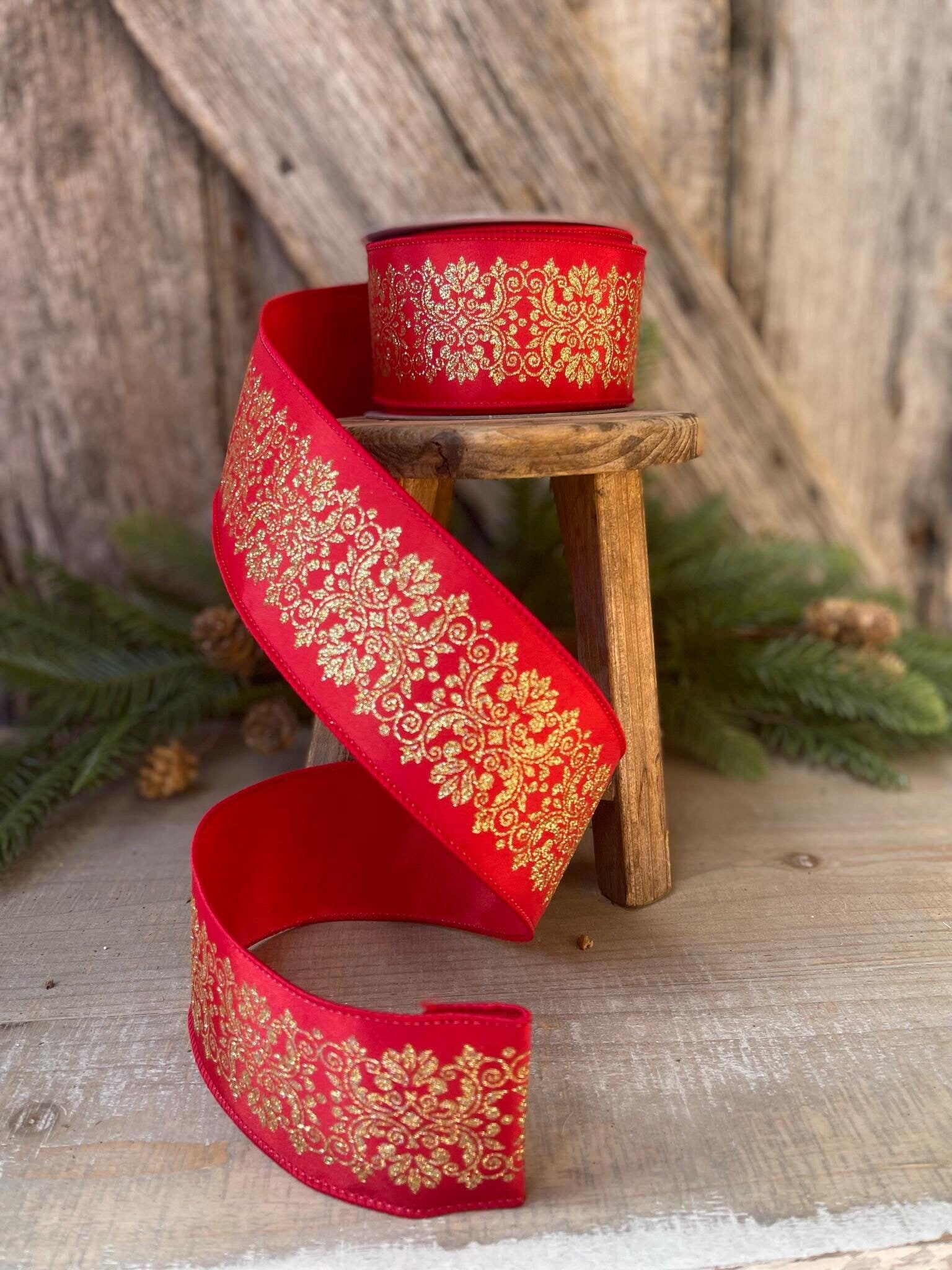 2.5" Farrisilk Red and Gold Kingston Manor Wired Ribbon, Red Gold Christmas Ribbon