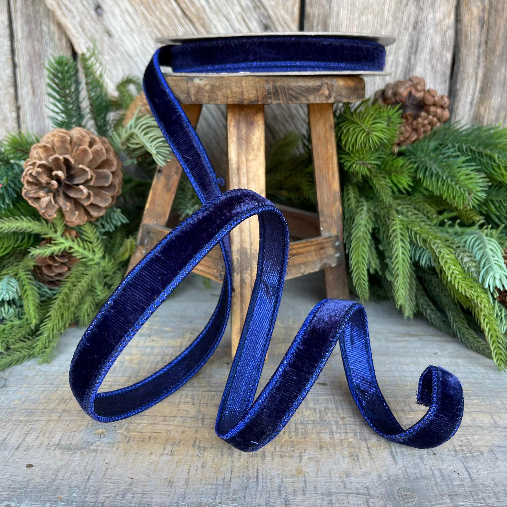 3/4" Navy Blue Velvet Ribbon, Velvet Ribbon, Farrisilk Wired Velvet Ribbon