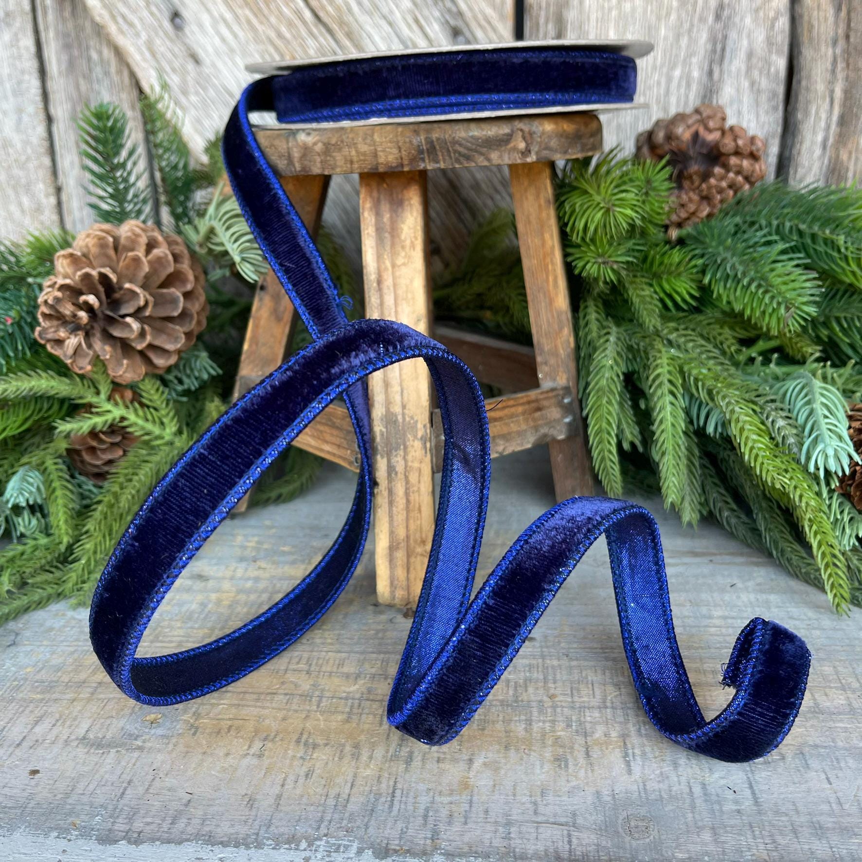 3/4" Navy Blue Velvet Ribbon, Velvet Ribbon, Farrisilk Wired Velvet Ribbon