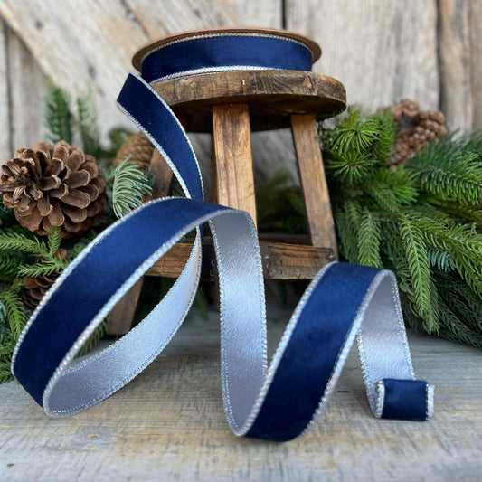 1" Navy Blue Velvet Ribbon, Navy Velvet Ribbon, Wired Ribbon