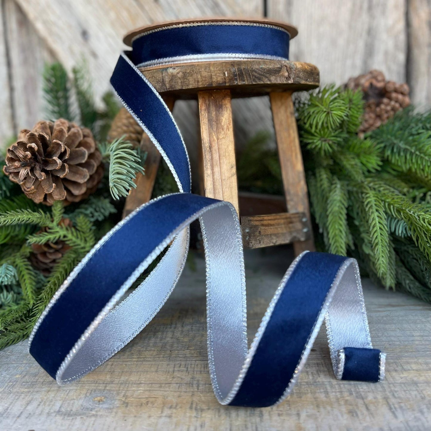 1" Navy Blue Velvet Ribbon, Navy Velvet Ribbon, Wired Ribbon