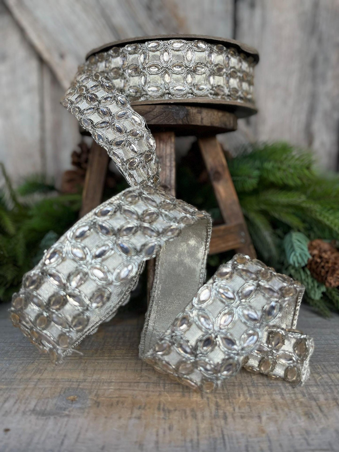 1.5" Platinum Jeweled ribbon, farrisilk ribbon, silver jeweled ribbon