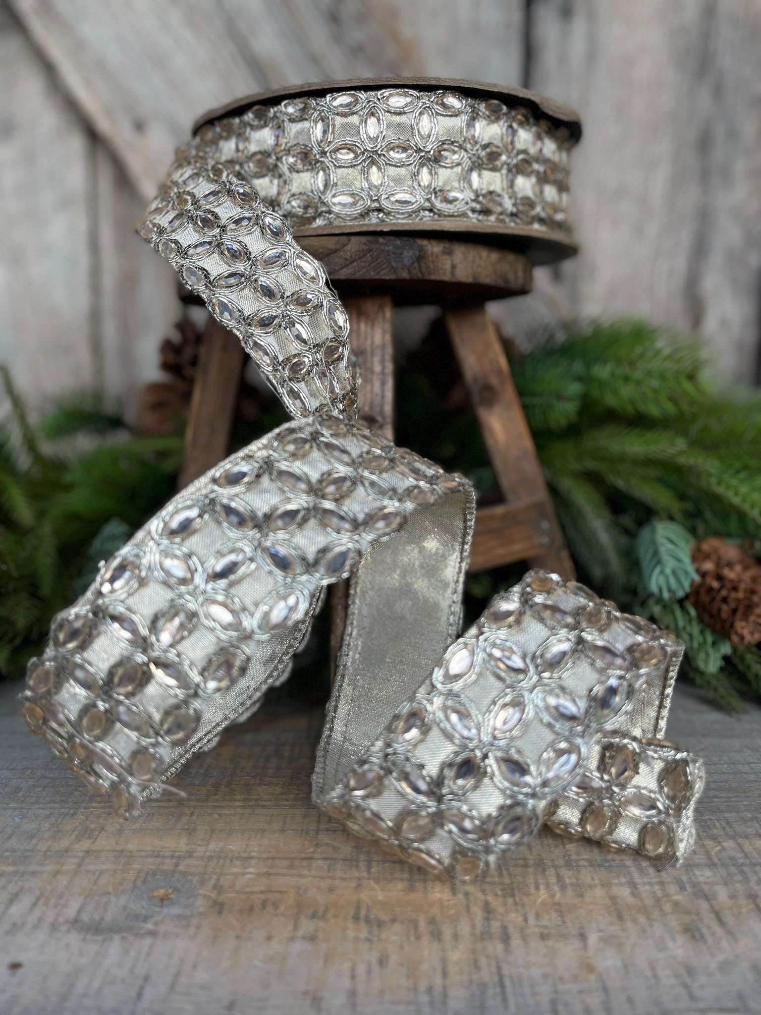 1.5" Platinum Jeweled ribbon, farrisilk ribbon, silver jeweled ribbon