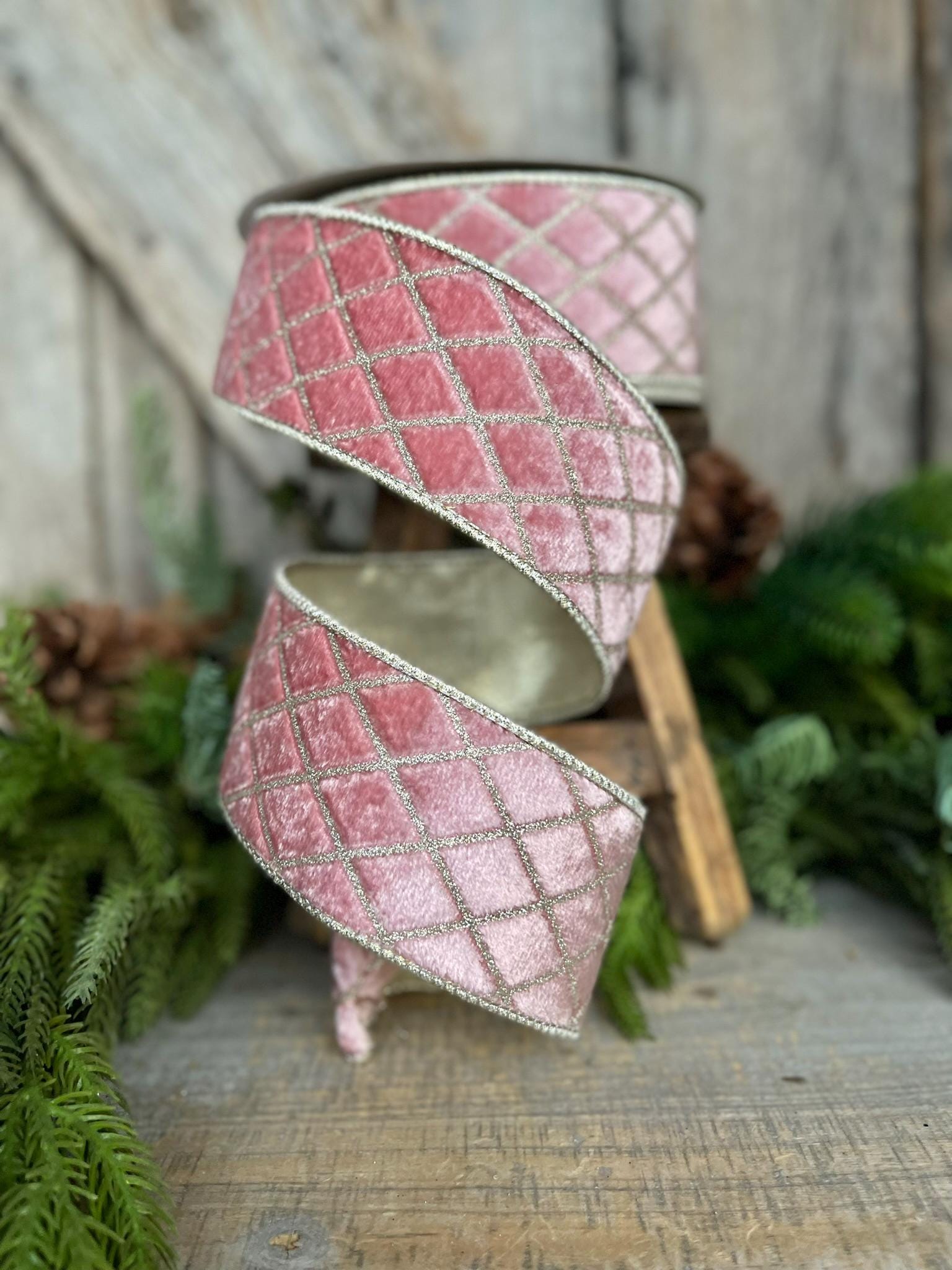 2.5" Pink Metallic Diamonds Velvet Ribbon, Farrisilk Ribbon, Christmas Tree Ribbon