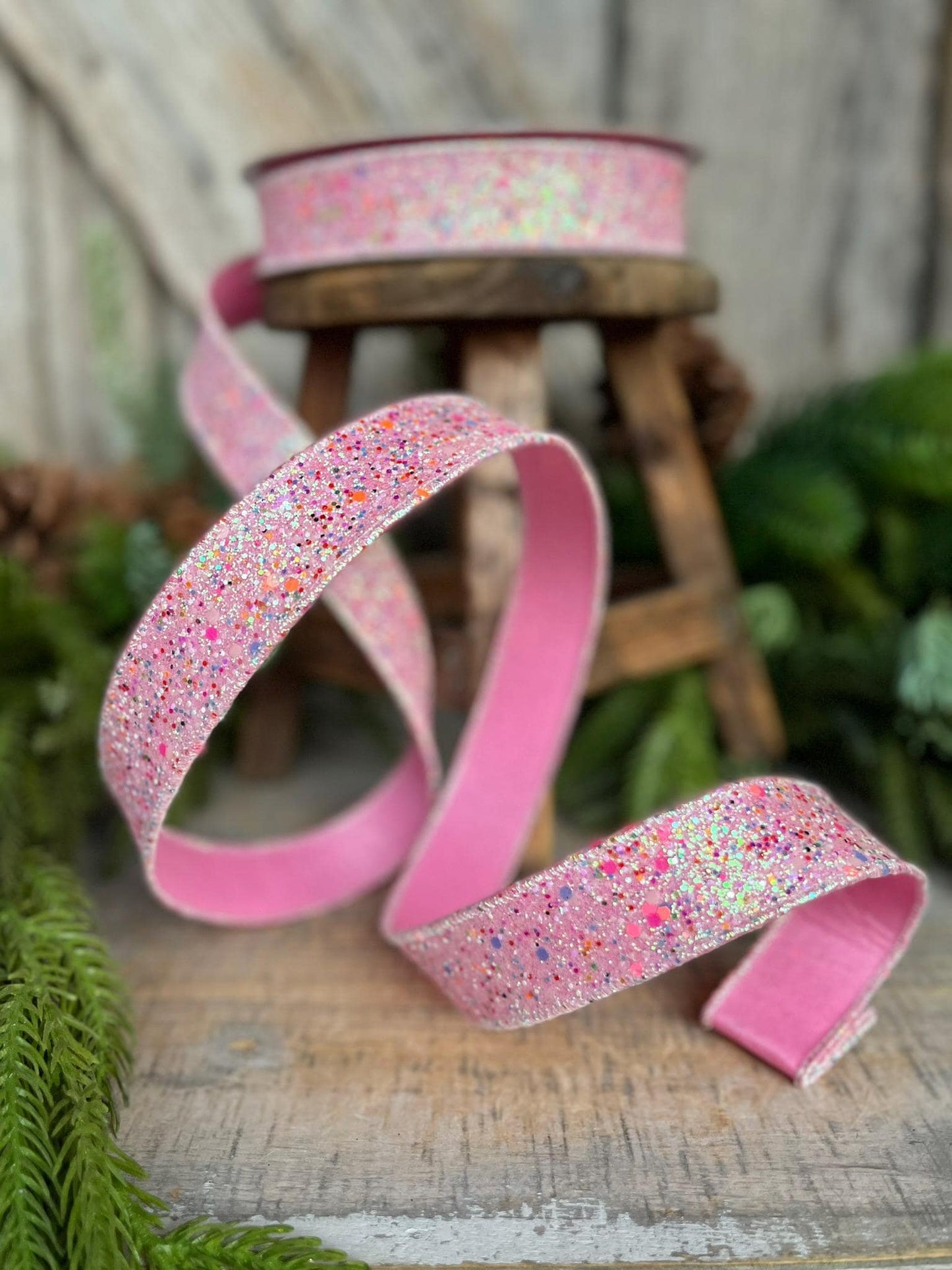 1" Pink Fairy Dust Ribbon, Farrisilk Ribbon, Pink Glitter RIbbon