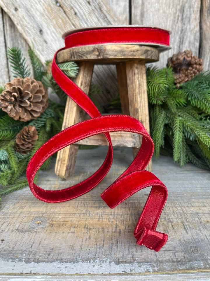 3/4" Red Velvet Luster Wired Ribbon, Farrisilk Ribbon, Velvet Ribbon