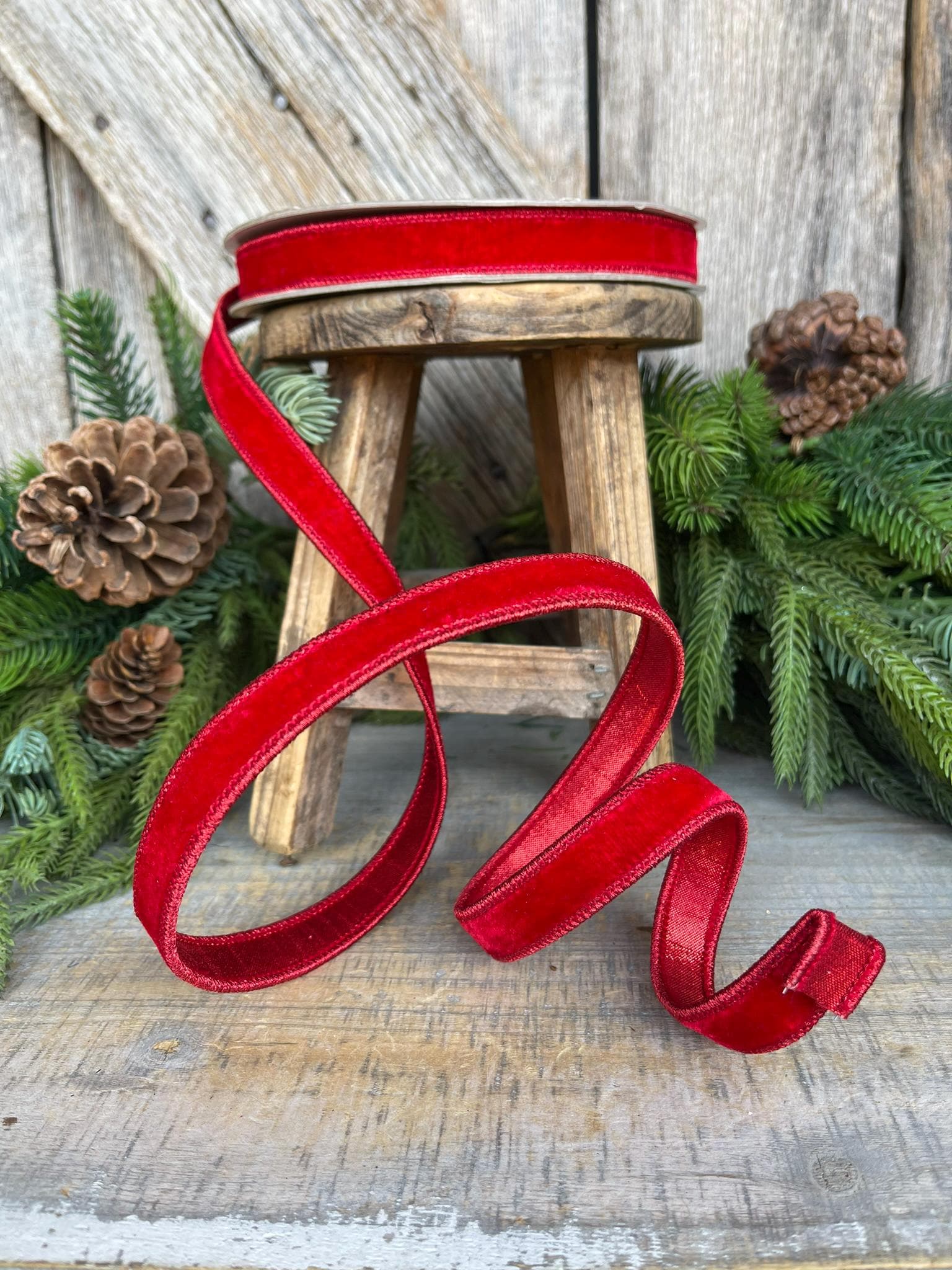3/4" Red Velvet Luster Wired Ribbon, Farrisilk Ribbon, Velvet Ribbon