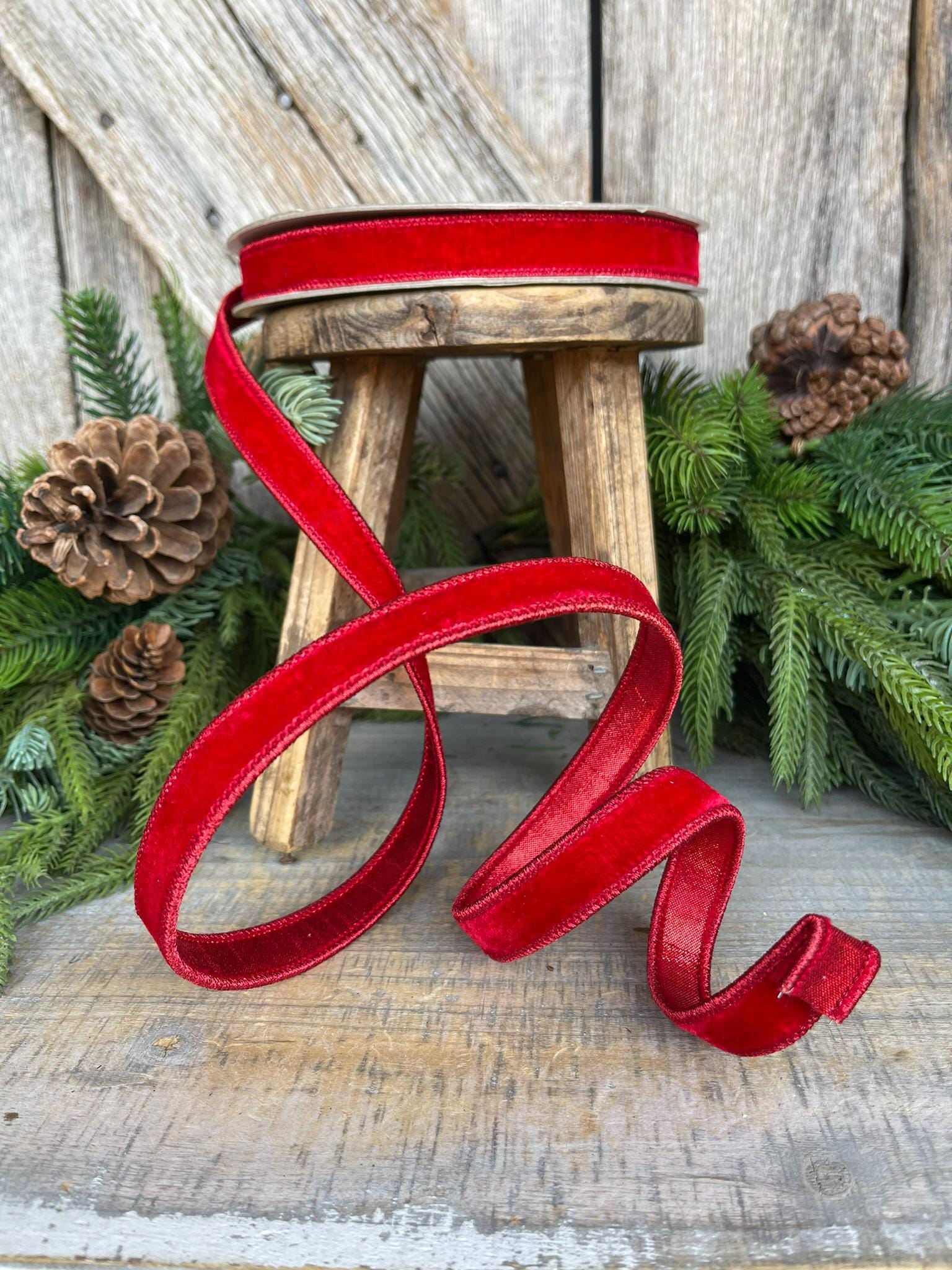 3/4" Red Velvet Luster Wired Ribbon, Farrisilk Ribbon, Velvet Ribbon