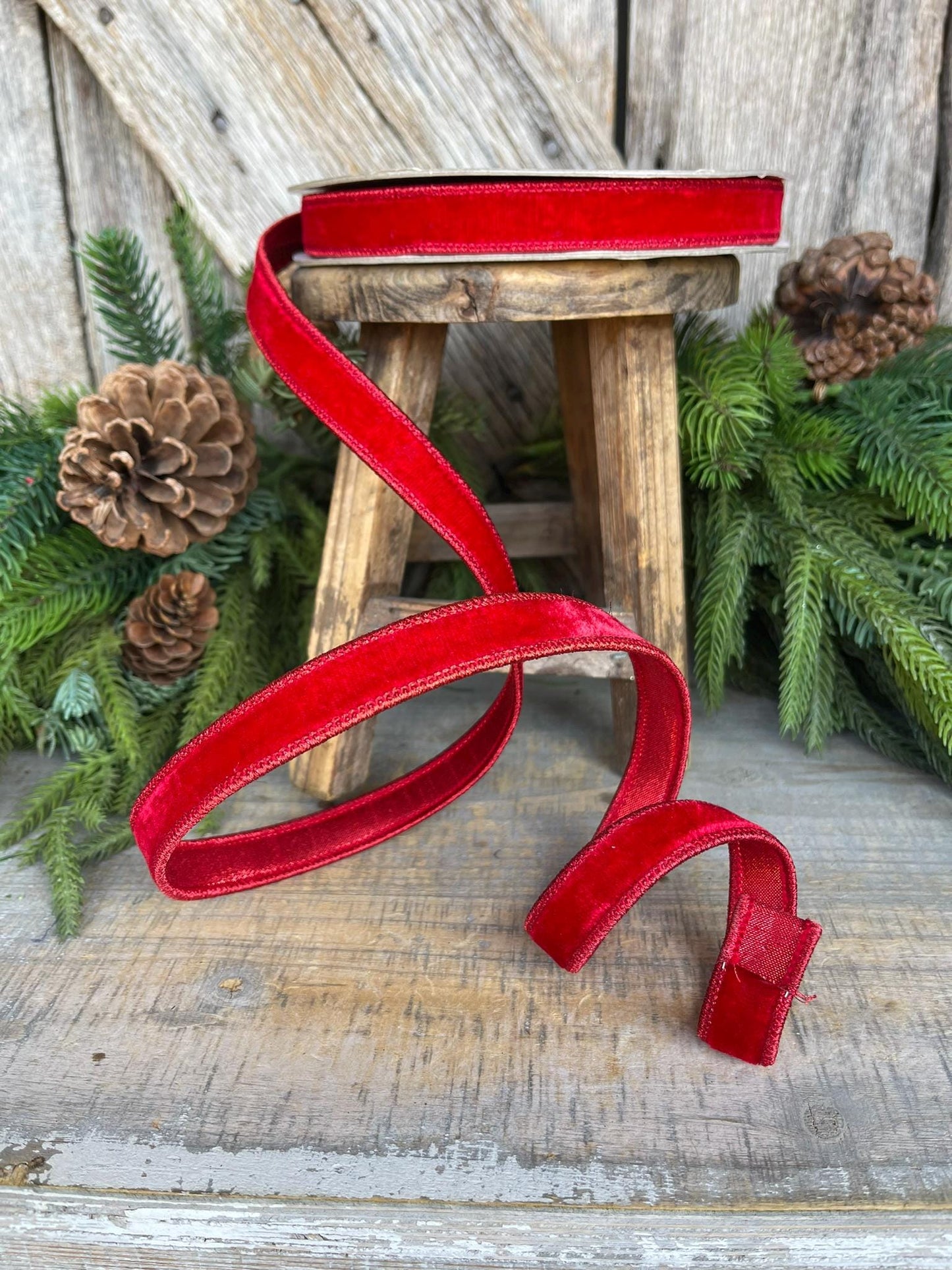 3/4" Red Velvet Luster Wired Ribbon, Farrisilk Ribbon, Velvet Ribbon