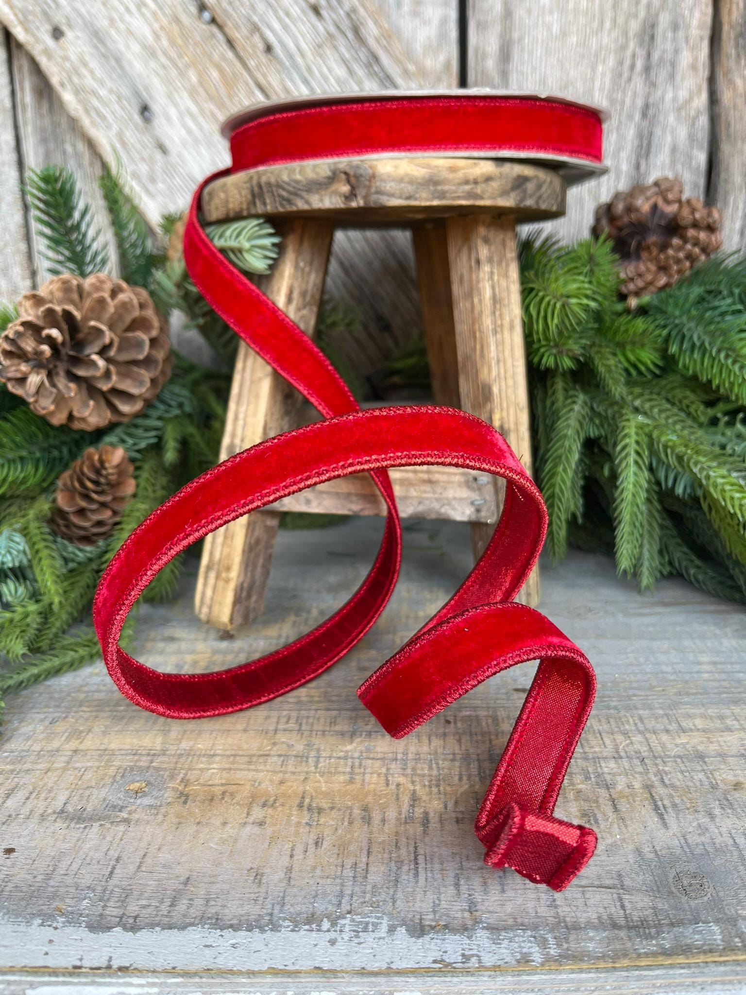 3/4" Red Velvet Luster Wired Ribbon, Farrisilk Ribbon, Velvet Ribbon