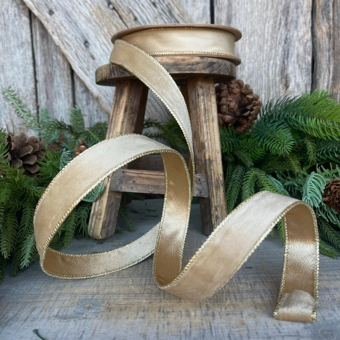 1" Gold Velvet RIbbon, Wired Ribbon, Champagne Gold Velvet Ribbon