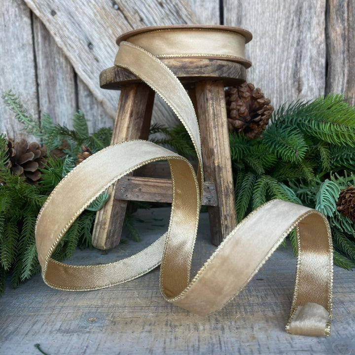 1" Gold Velvet RIbbon, Wired Ribbon, Champagne Gold Velvet Ribbon