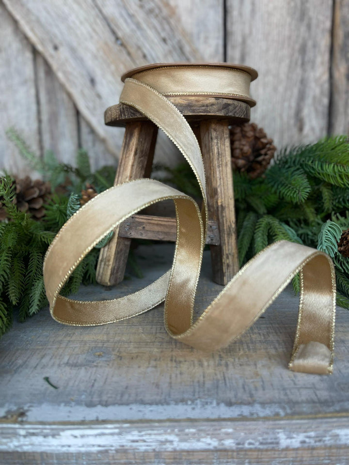 1" Gold Velvet RIbbon, Wired Ribbon, Champagne Gold Velvet Ribbon
