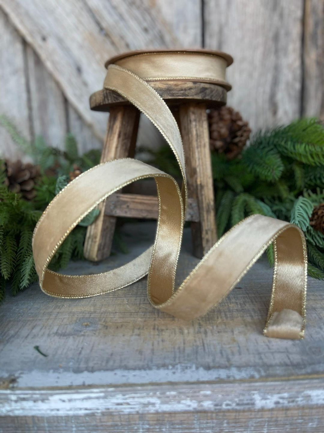 1" Gold Velvet RIbbon, Wired Ribbon, Champagne Gold Velvet Ribbon