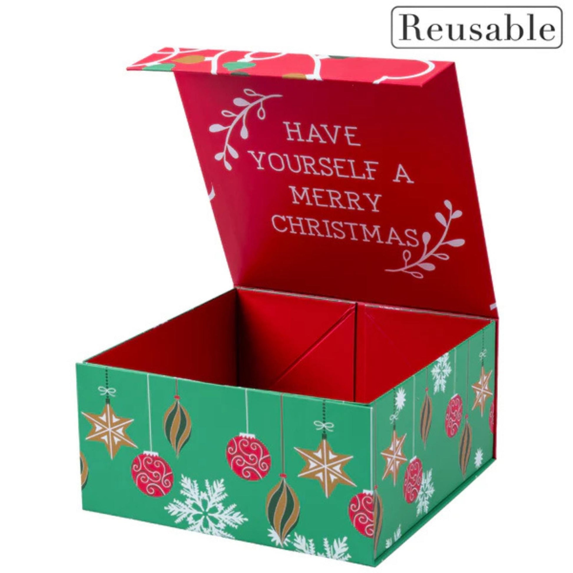 8" x 8" x 4" Collapsible Holiday Gift Box with Magnetic Square Flap Lid - Red/Green Christmas Ornaments