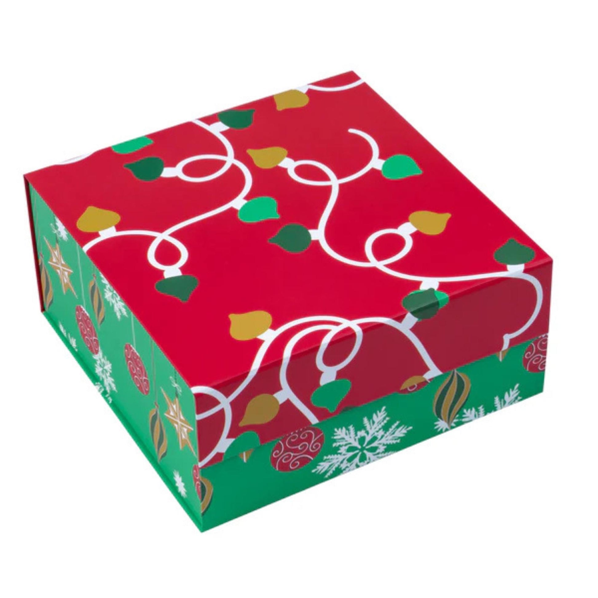8" x 8" x 4" Collapsible Holiday Gift Box with Magnetic Square Flap Lid - Red/Green Christmas Ornaments
