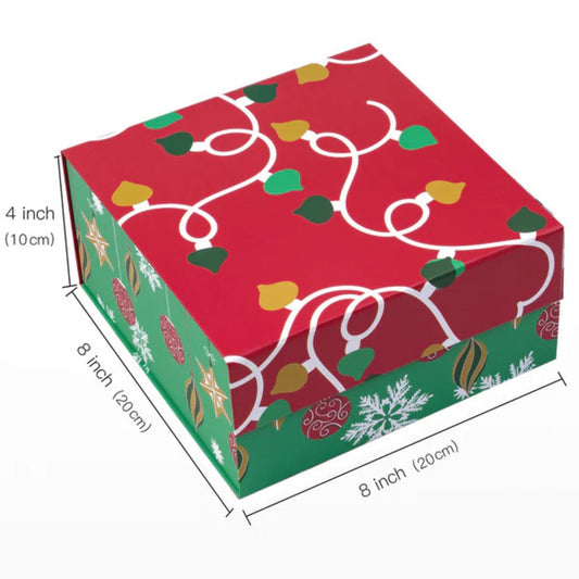 8" x 8" x 4" Collapsible Holiday Gift Box with Magnetic Square Flap Lid - Red/Green Christmas Ornaments