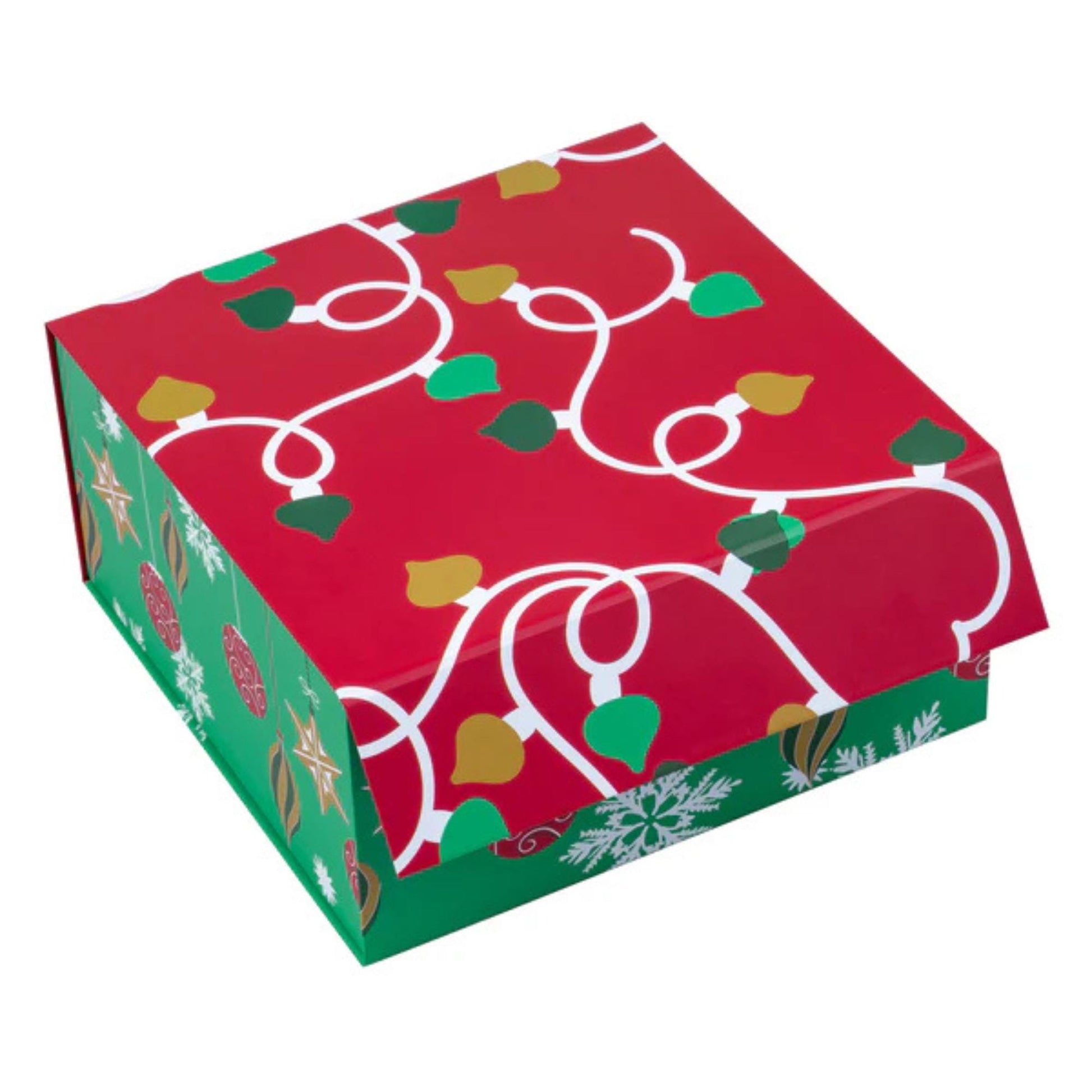 8" x 8" x 4" Collapsible Holiday Gift Box with Magnetic Square Flap Lid - Red/Green Christmas Ornaments