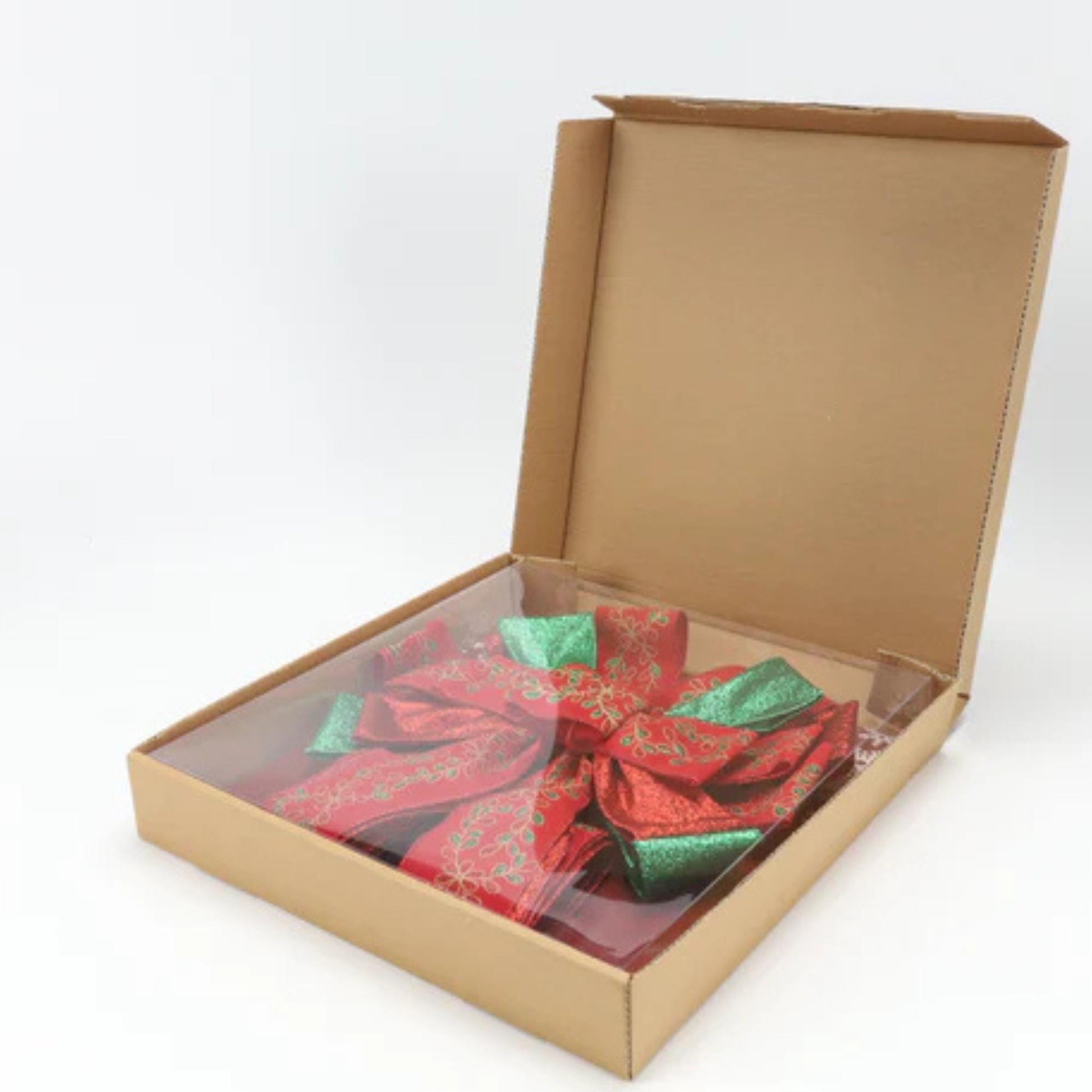 13" Decorative Christmas Tree Topper Bow (2.5" Wired Ribbon) | Red/Green Glitter Printed Floral
