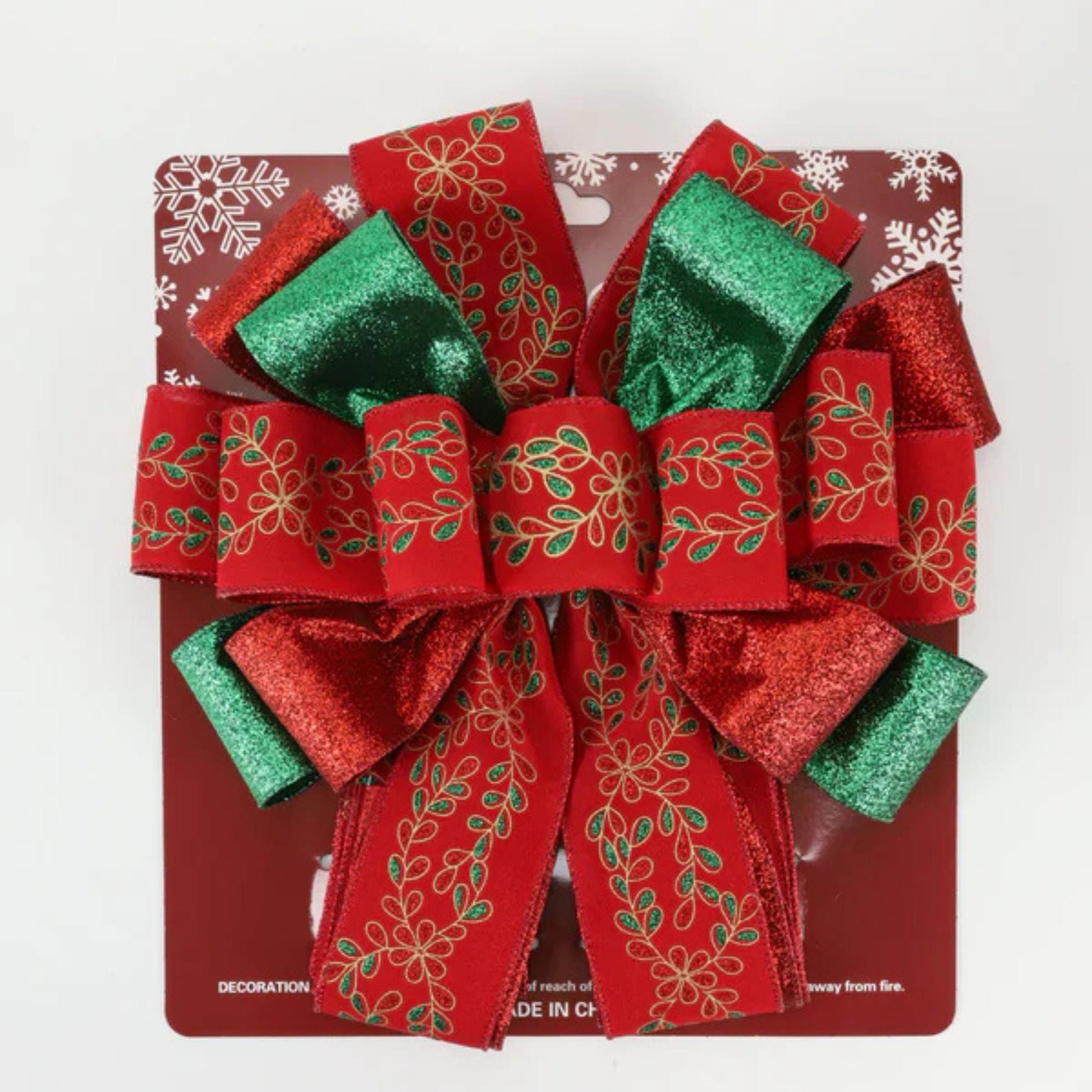 13" Decorative Christmas Tree Topper Bow (2.5" Wired Ribbon) | Red/Green Glitter Printed Floral