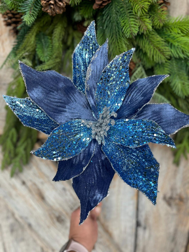 24" Blue Velvet Beaded Magnolia Stem, jeweled Christmas Spray, Holiday Decor