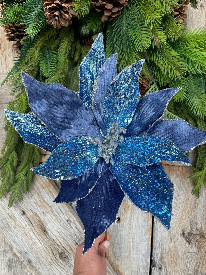 24" Blue Velvet Beaded Magnolia Stem, jeweled Christmas Spray, Holiday Decor