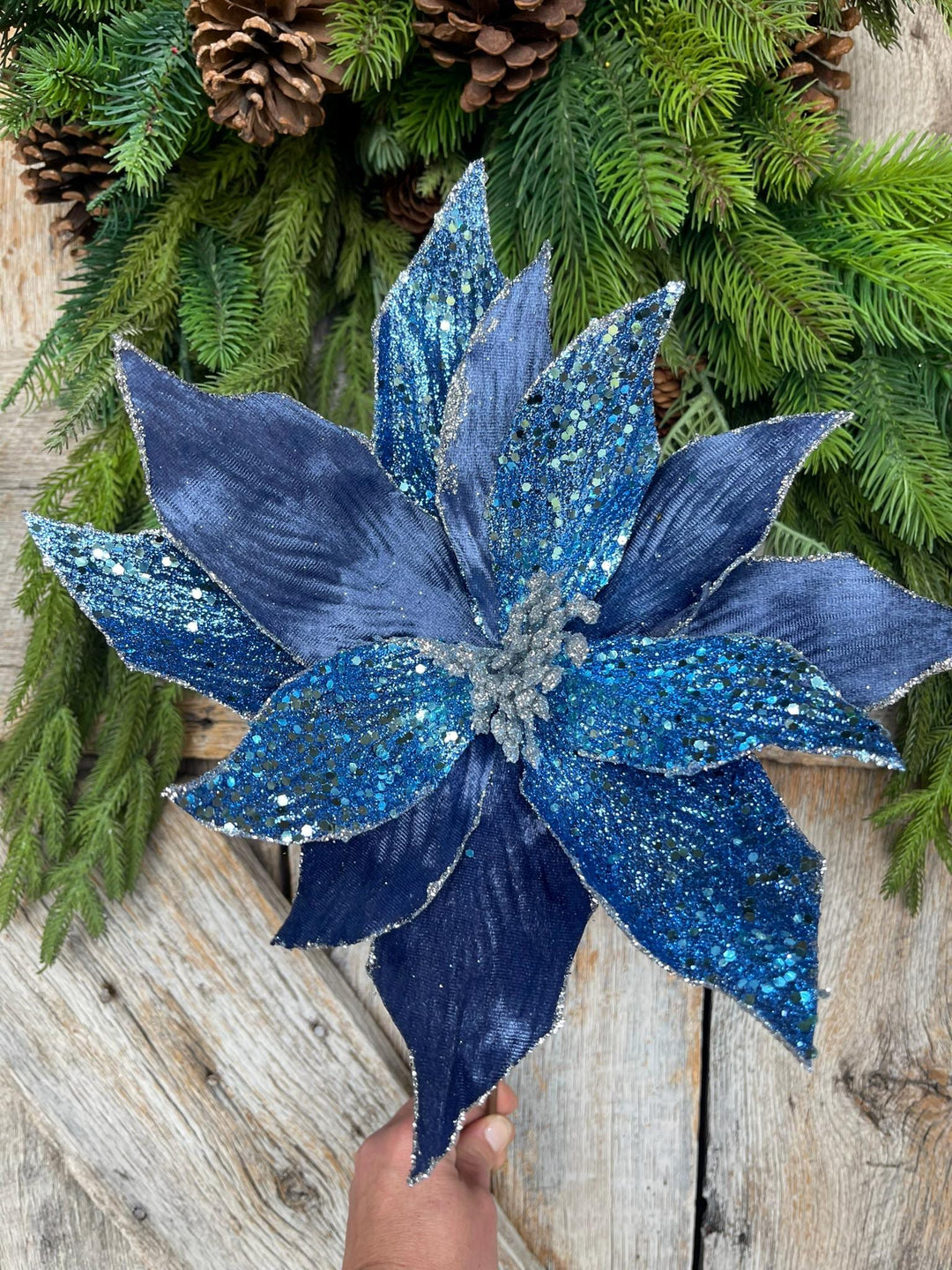 24" Blue Velvet Beaded Magnolia Stem, jeweled Christmas Spray, Holiday Decor