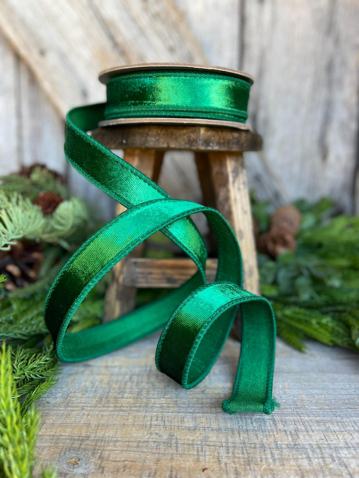 1" Green Velvet Ribbon, Emerald Green Velvet Ribbon, Christmas RIbbon