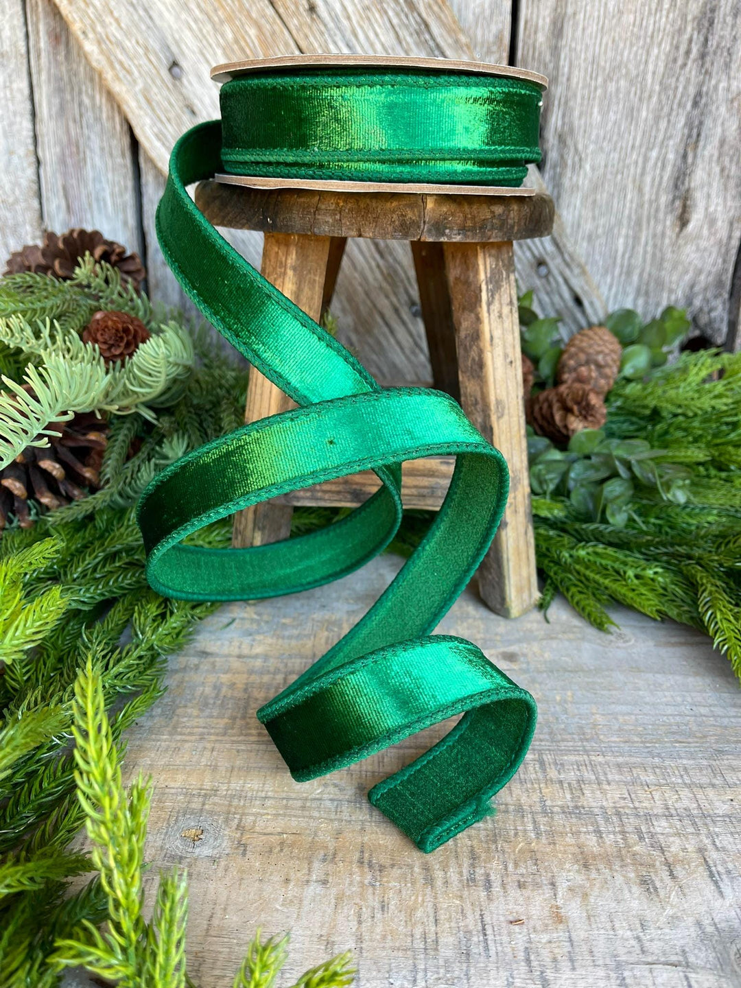 1" Green Velvet Ribbon, Emerald Green Velvet Ribbon, Christmas RIbbon