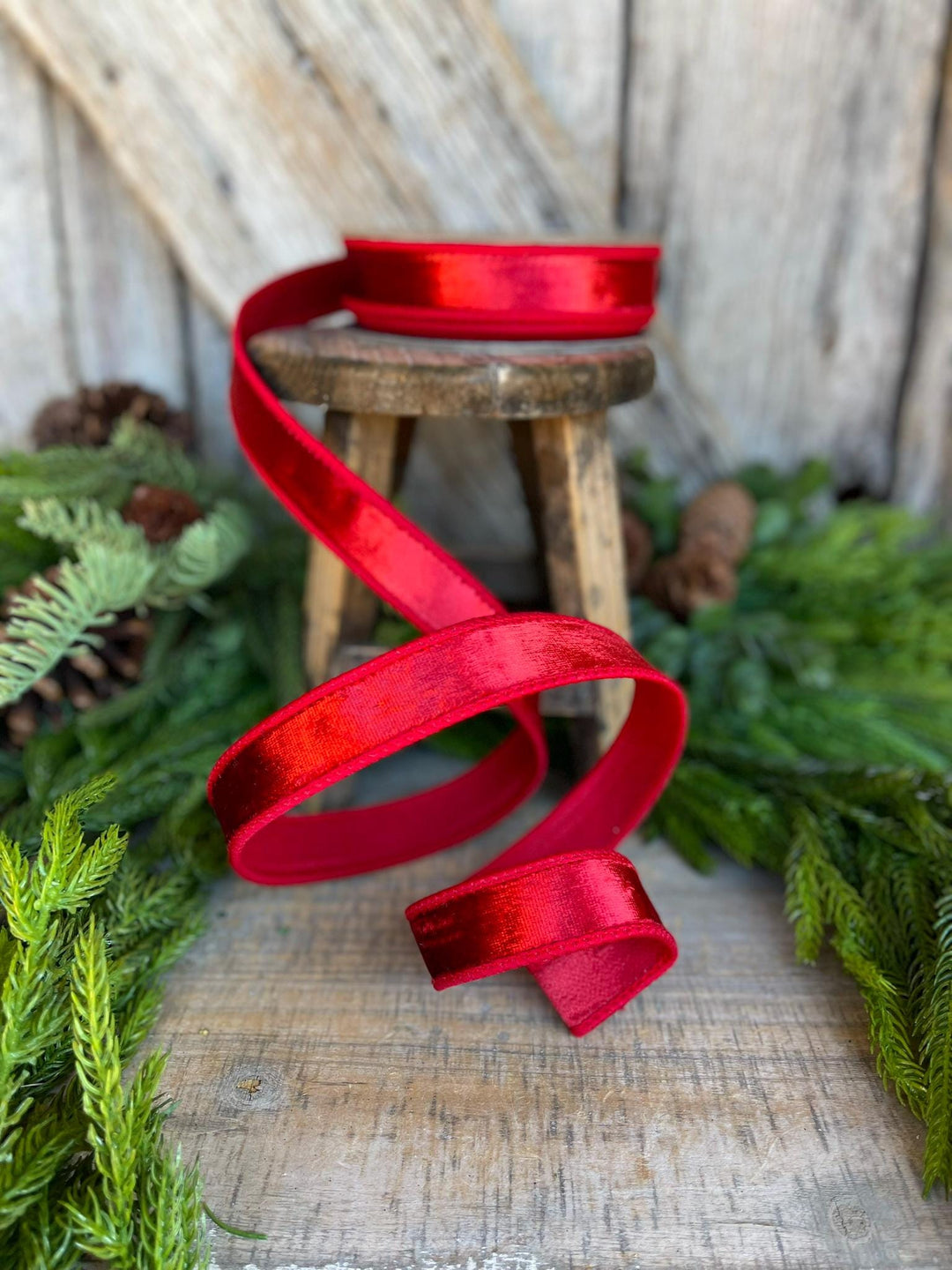 1" Red Velvet Ribbon, Red Wired Velvet Ribbon, Christmas RIbbon