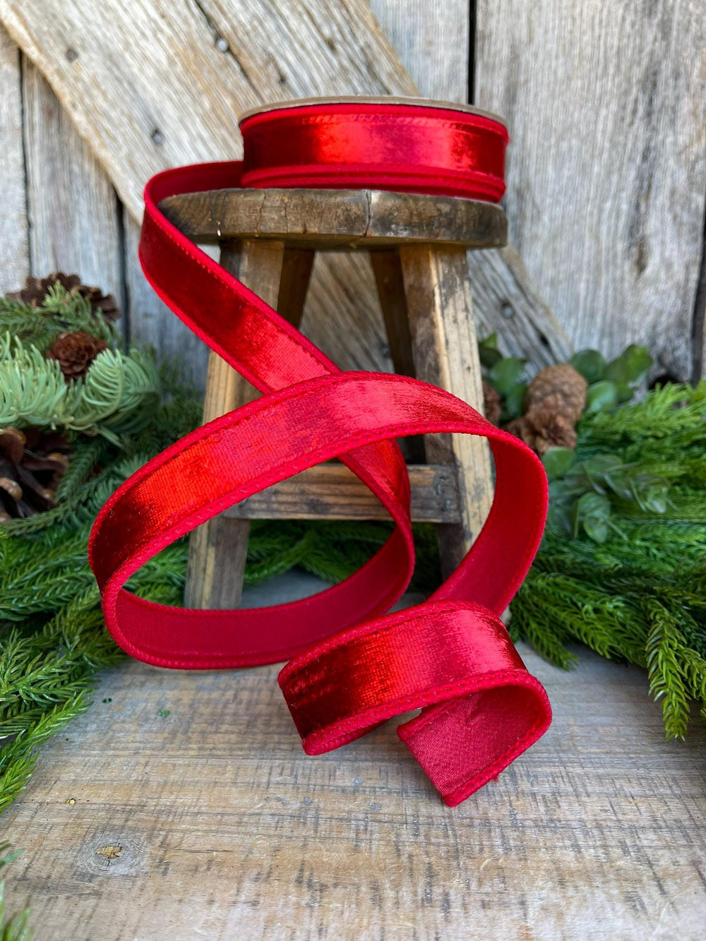 1" Red Velvet Ribbon, Red Wired Velvet Ribbon, Christmas RIbbon
