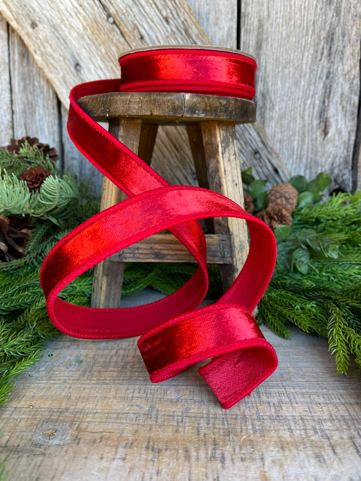 1" Red Velvet Ribbon, Red Wired Velvet Ribbon, Christmas RIbbon
