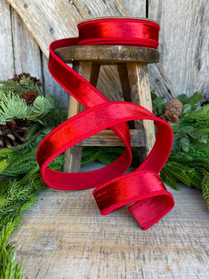 1" Red Velvet Ribbon, Red Wired Velvet Ribbon, Christmas RIbbon