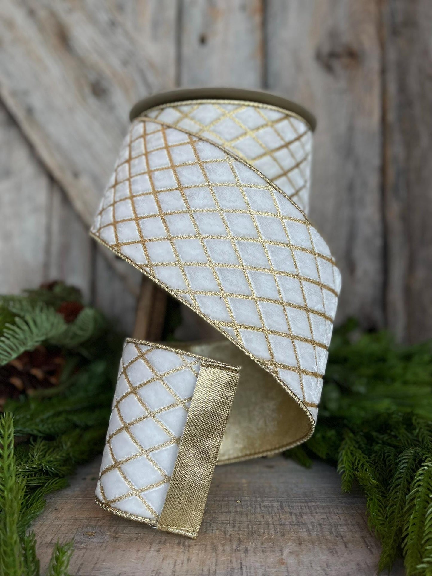 4" Ivory Velvet Metallic Diamonds Ribbon, Farrisilk Ribbon, Ivory and Gold Velvet