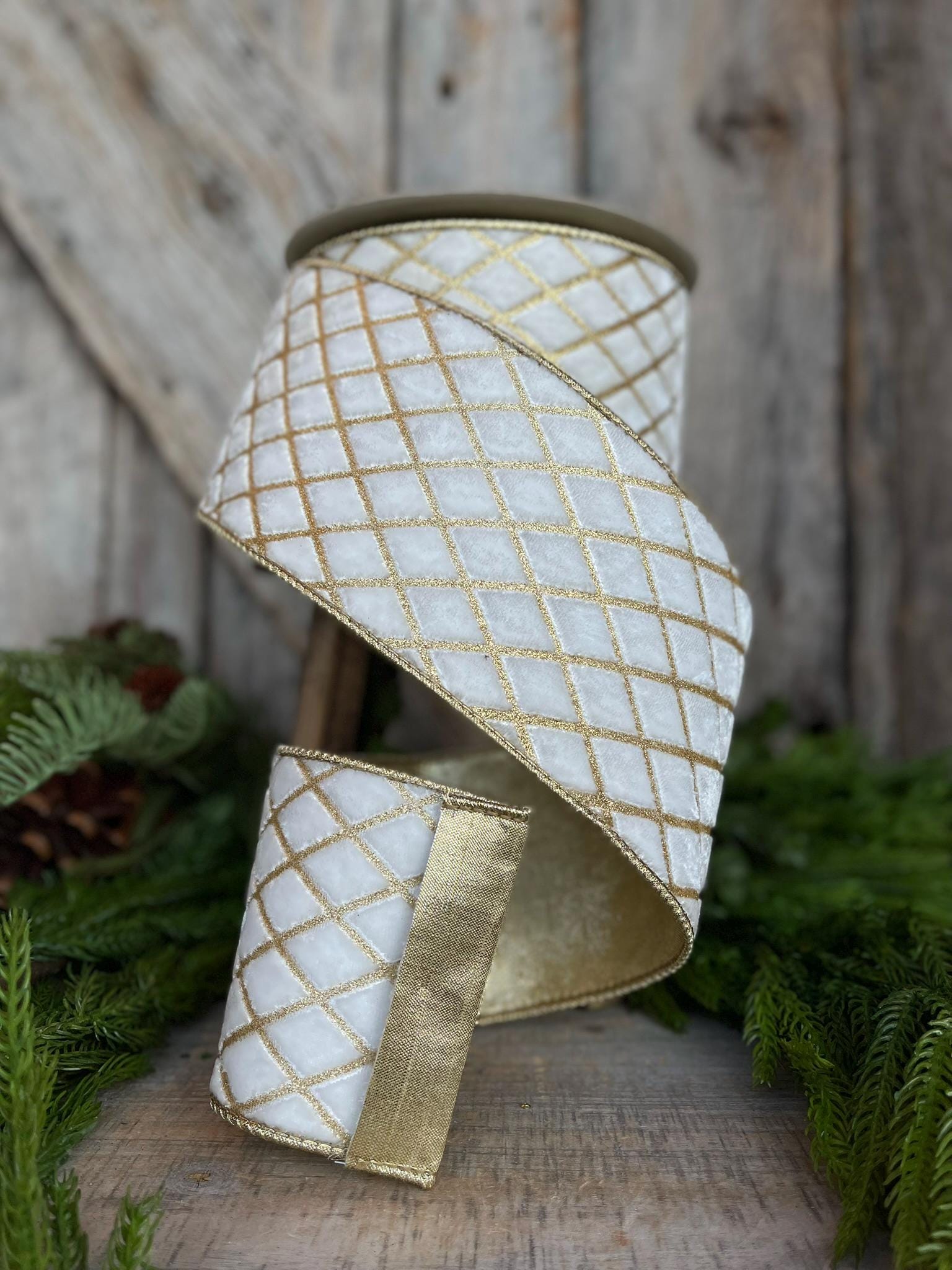 4" Ivory Velvet Metallic Diamonds Ribbon, Farrisilk Ribbon, Ivory and Gold Velvet