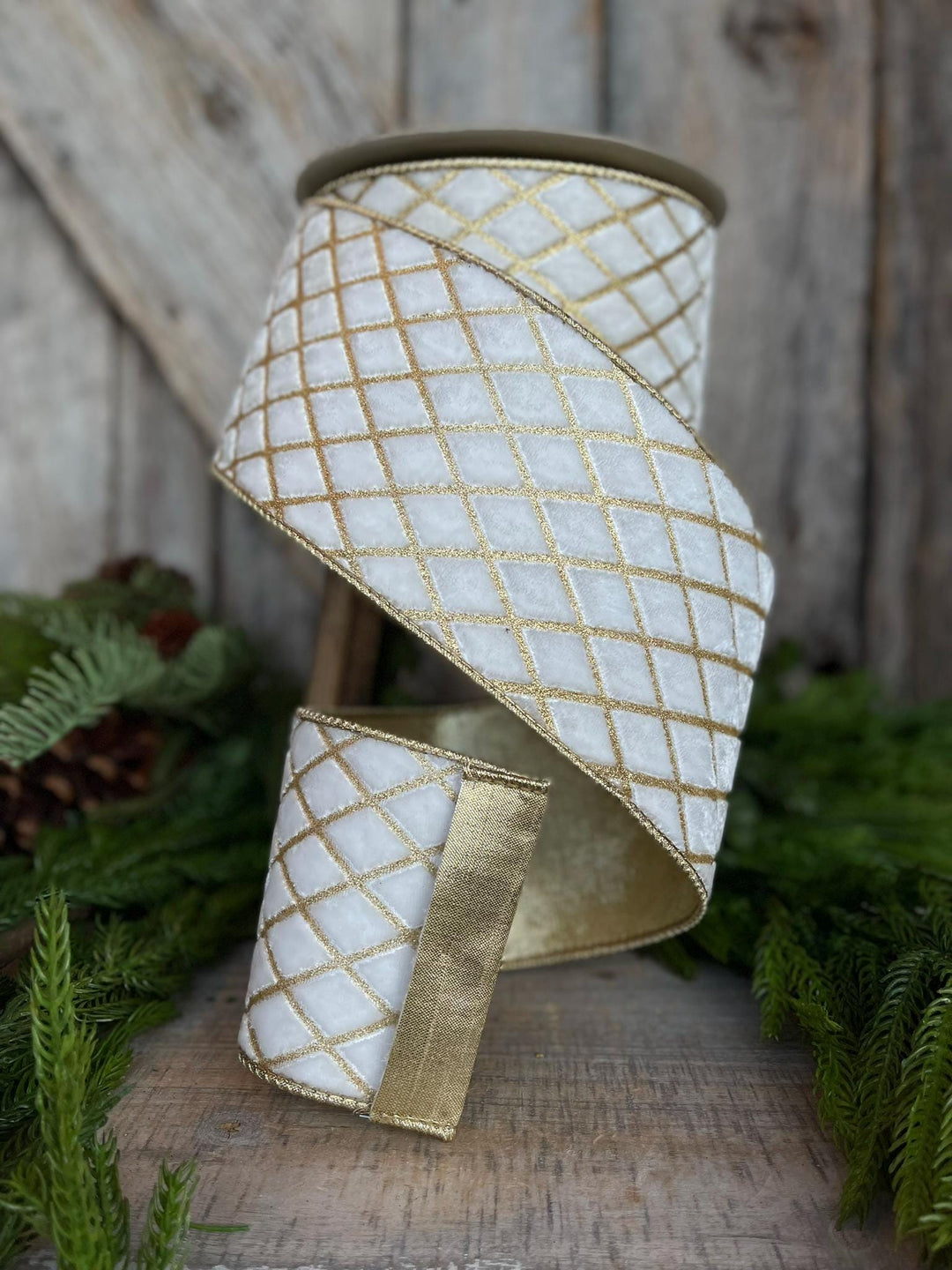 4" Ivory Velvet Metallic Diamonds Ribbon, Farrisilk Ribbon, Ivory and Gold Velvet