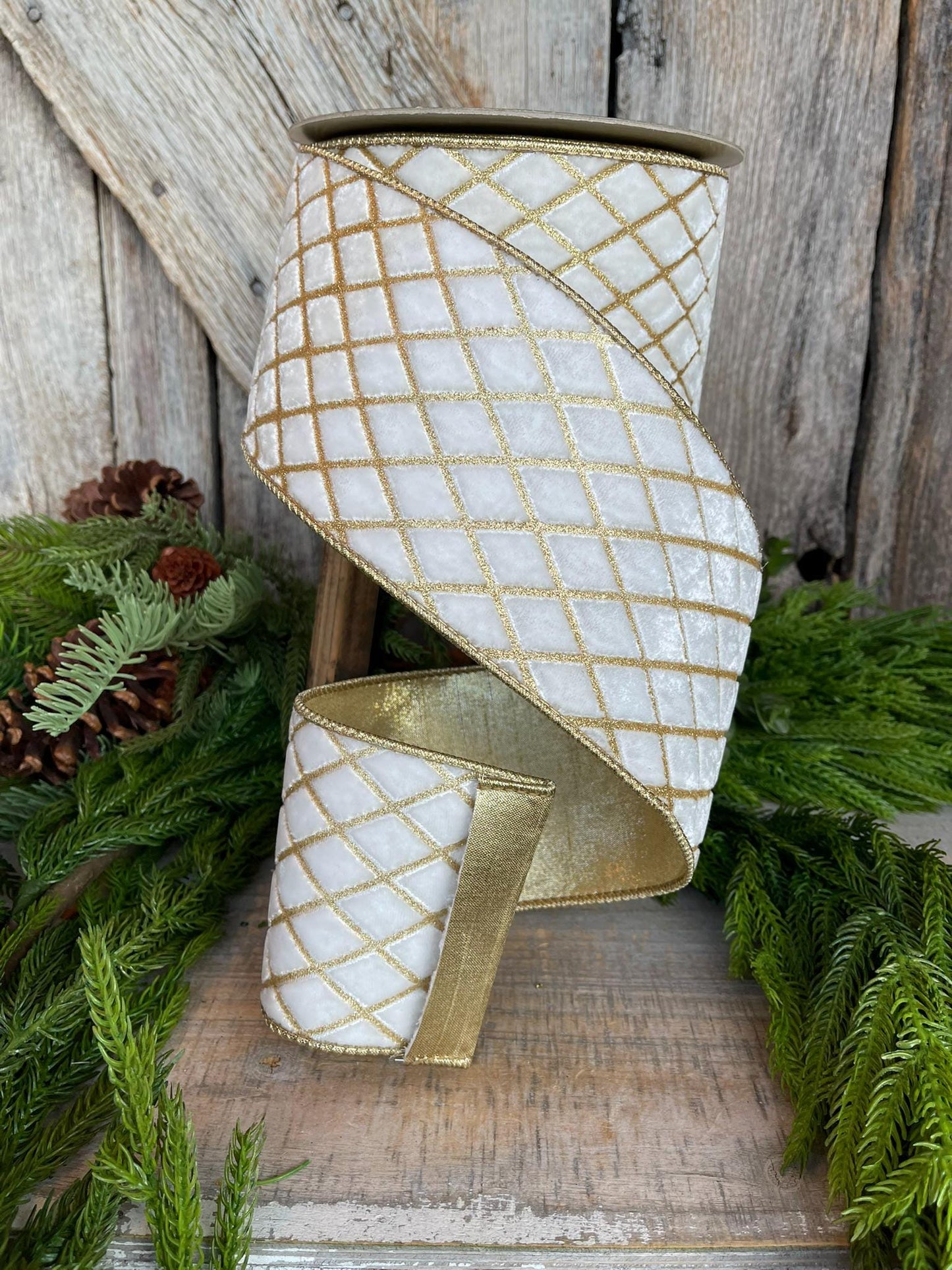 4" Ivory Velvet Metallic Diamonds Ribbon, Farrisilk Ribbon, Ivory and Gold Velvet