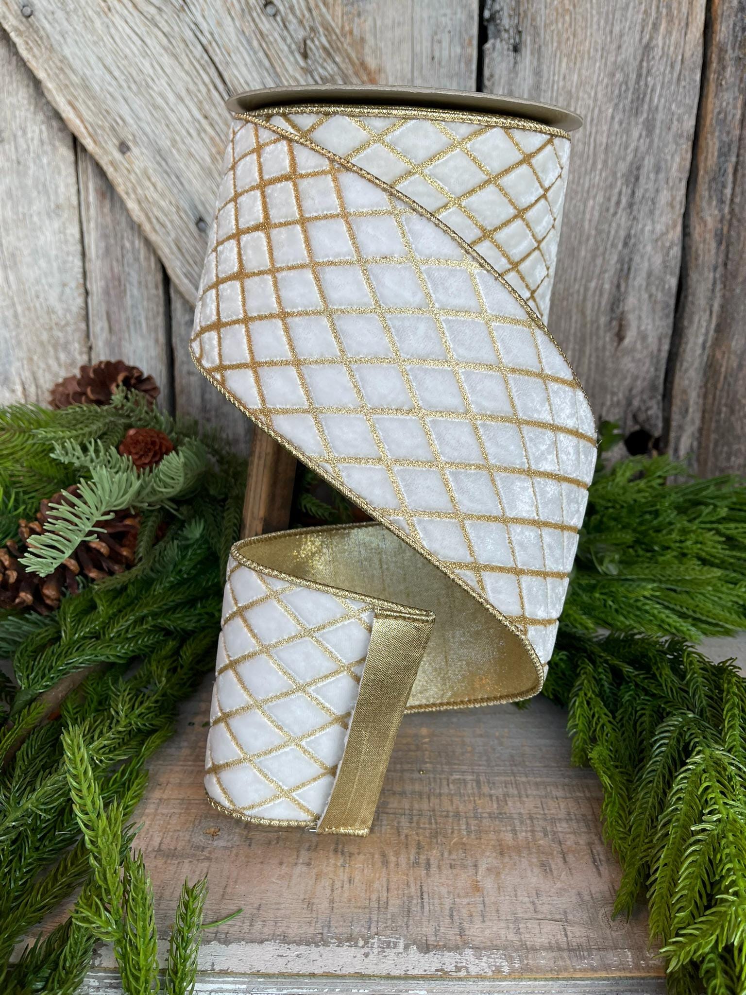 4" Ivory Velvet Metallic Diamonds Ribbon, Farrisilk Ribbon, Ivory and Gold Velvet