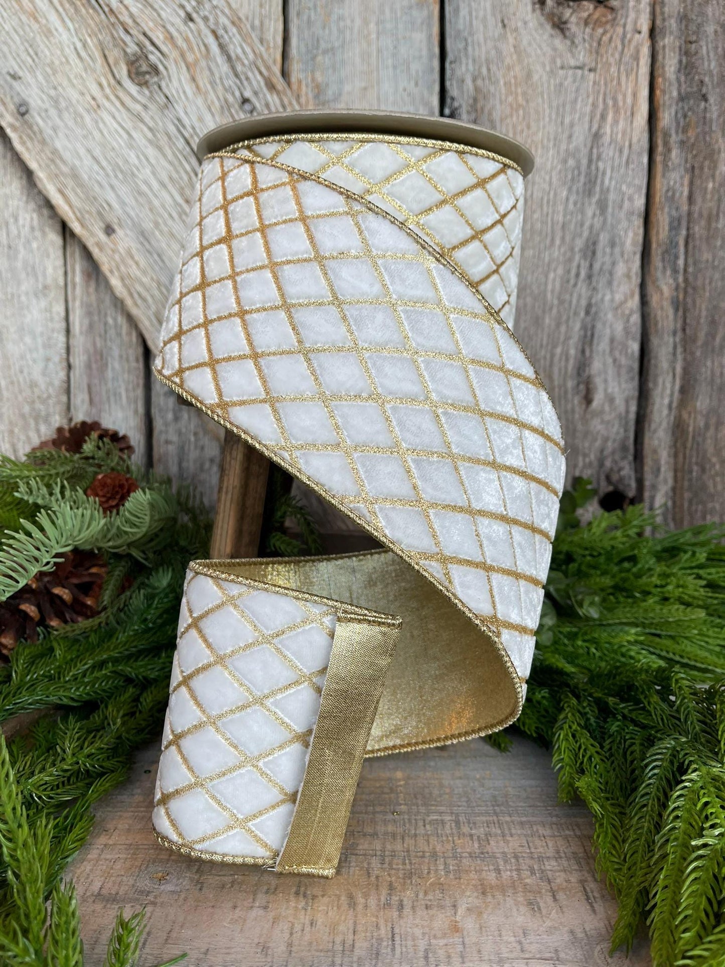 4" Ivory Velvet Metallic Diamonds Ribbon, Farrisilk Ribbon, Ivory and Gold Velvet